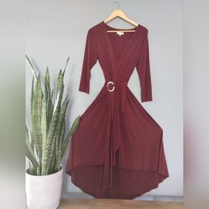 Calvin Klein Womens Burgundy Pleated Belted Asymmetrical Hem 3/4 Sleeve Size 10
